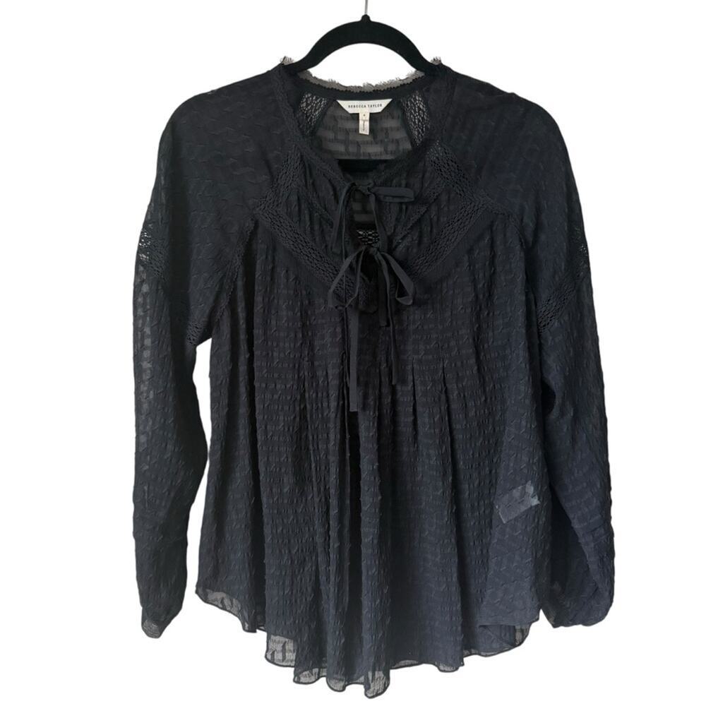Rebecca Taylor Women's Black Silk Cotton Sheer Long Sleeve Blouse Size 4